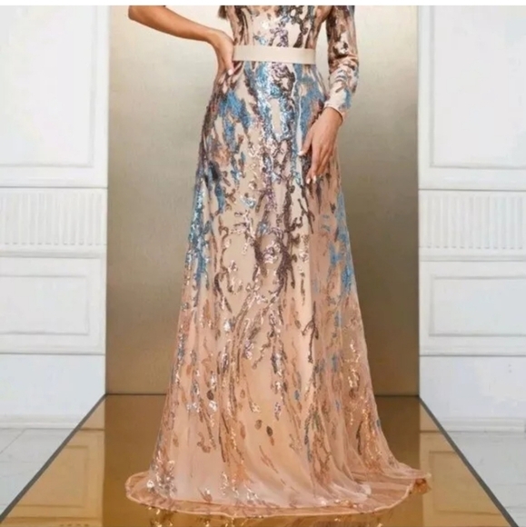 Multicolor,  Graphic Print,  Assymmetrical Neck,  Sequined Mermaid Gown - Picture 5 of 13